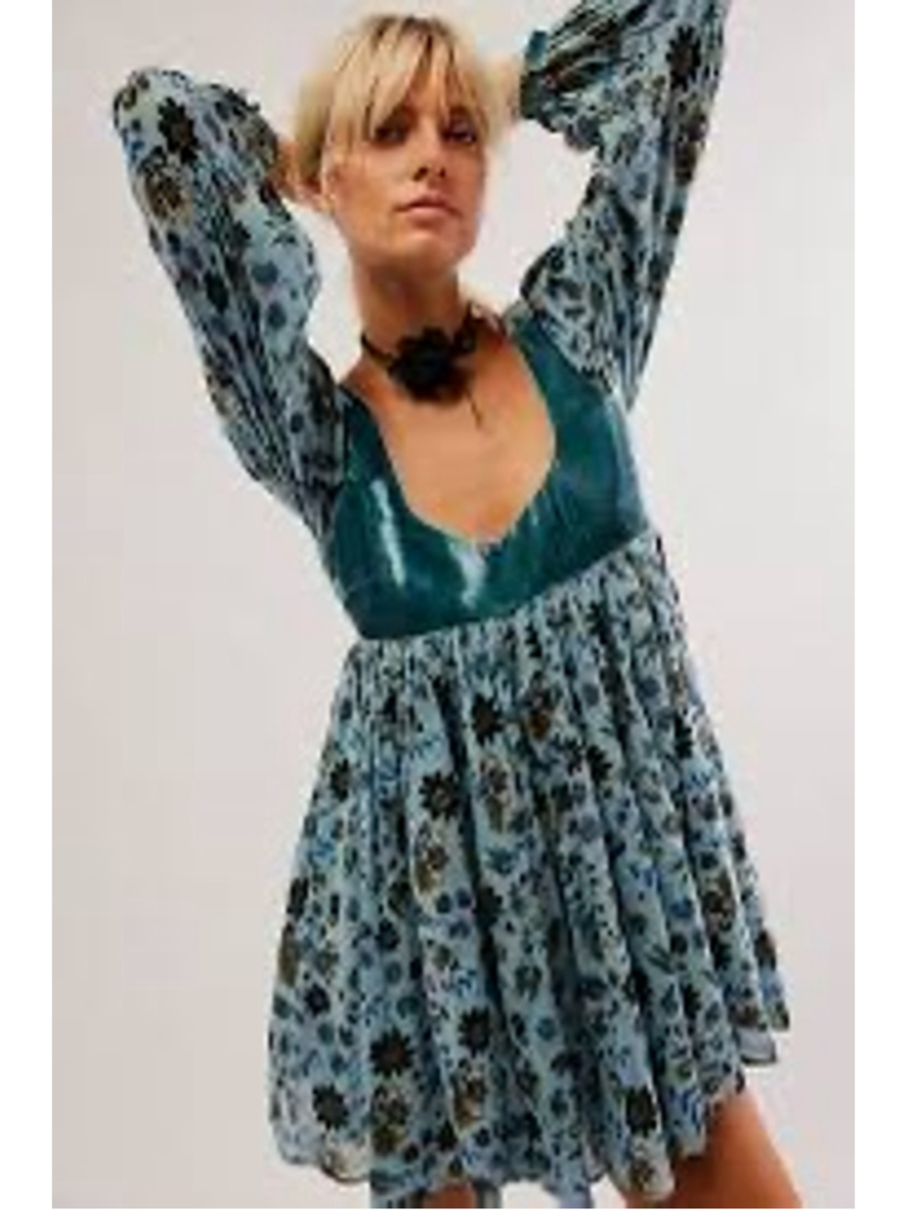 Free People Marsha Mini Velvet Retro Dress Empire Waist Size M Teal NWT - Picture 5 of 9